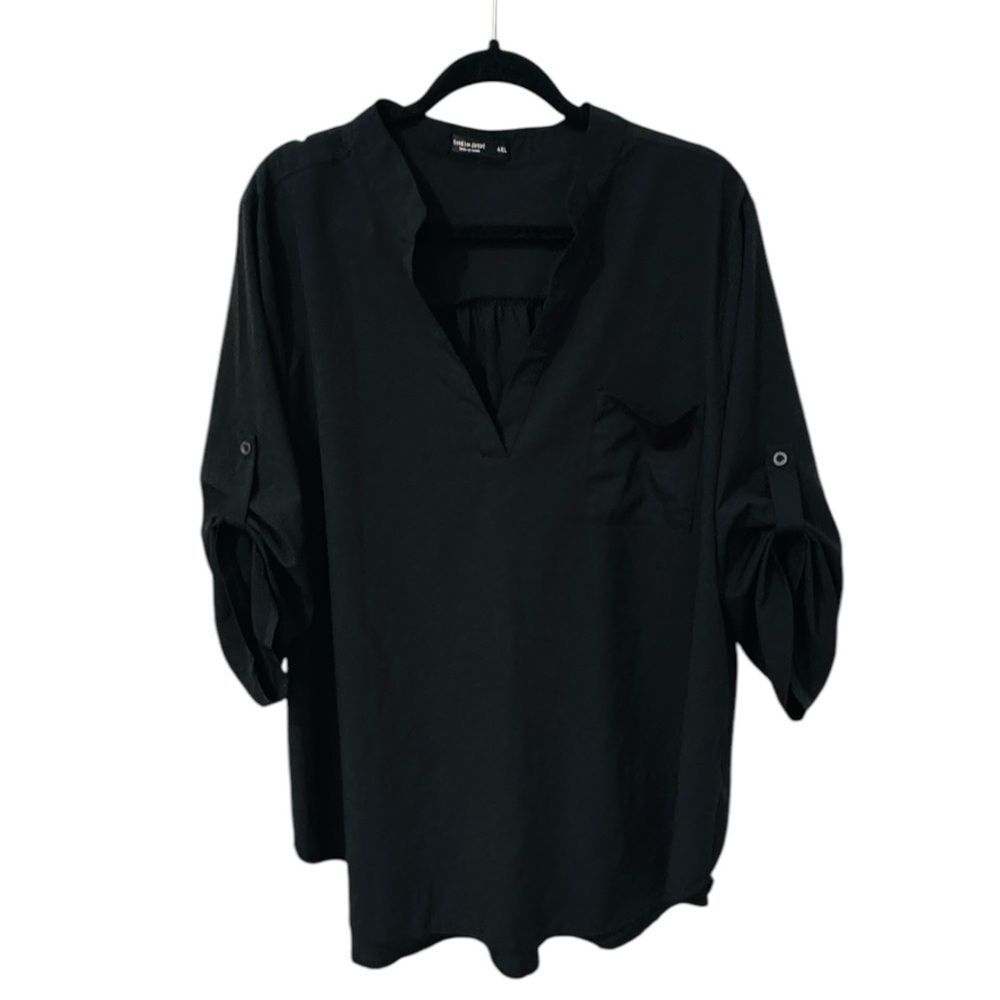 SHEIN Curve Women's V-Neck Tunic Blouse Roll Tab Sleeves Casual (4XL) Black